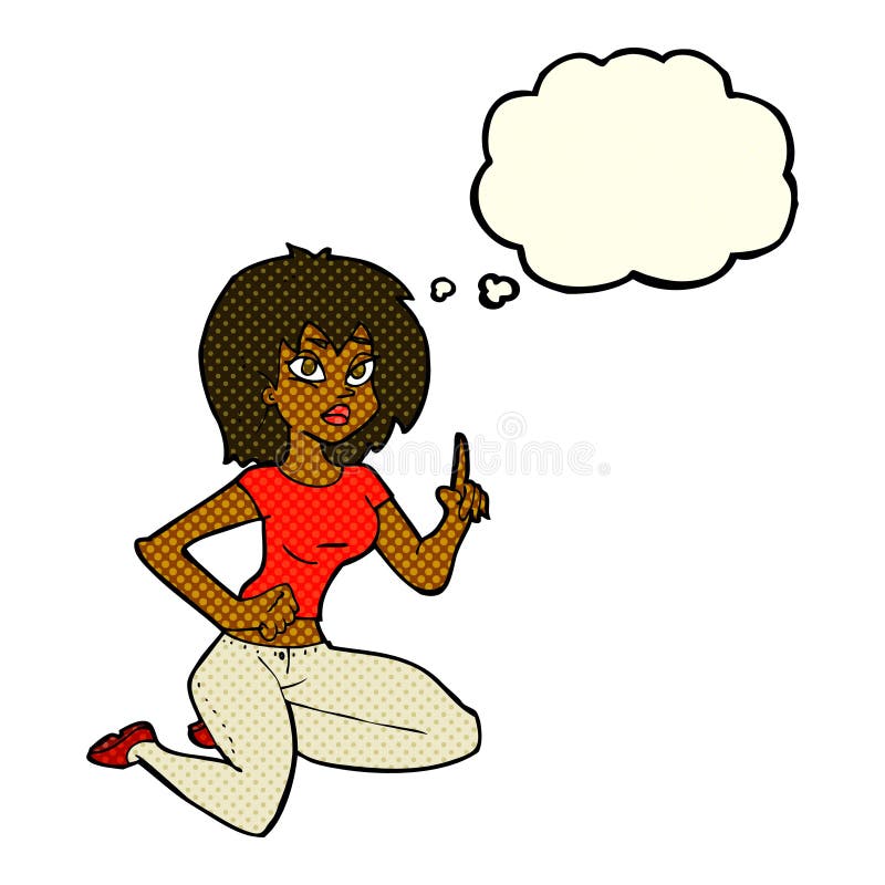 cartoon sitting woman with idea with thought bubble