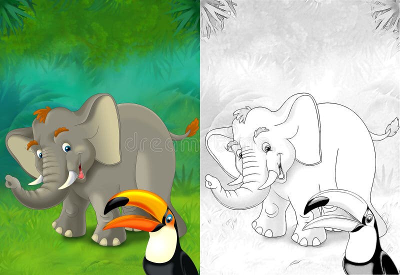 Cartoon Sketch Scene with Elephant in the Forest - Illustration Stock  Illustration - Illustration of animal, giraffe: 198283385