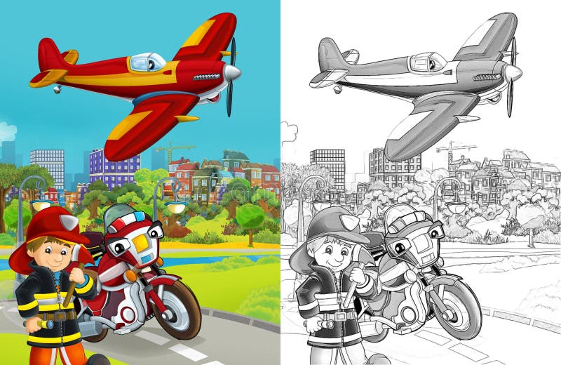 Cartoon sketch scene with fire brigade car vehicle on the road. And fireman worker - illustration for children royalty free illustration Cartoon sketch scene with fire brigade car vehicle on the road. And fireman worker - illustration for children royalty free illustration