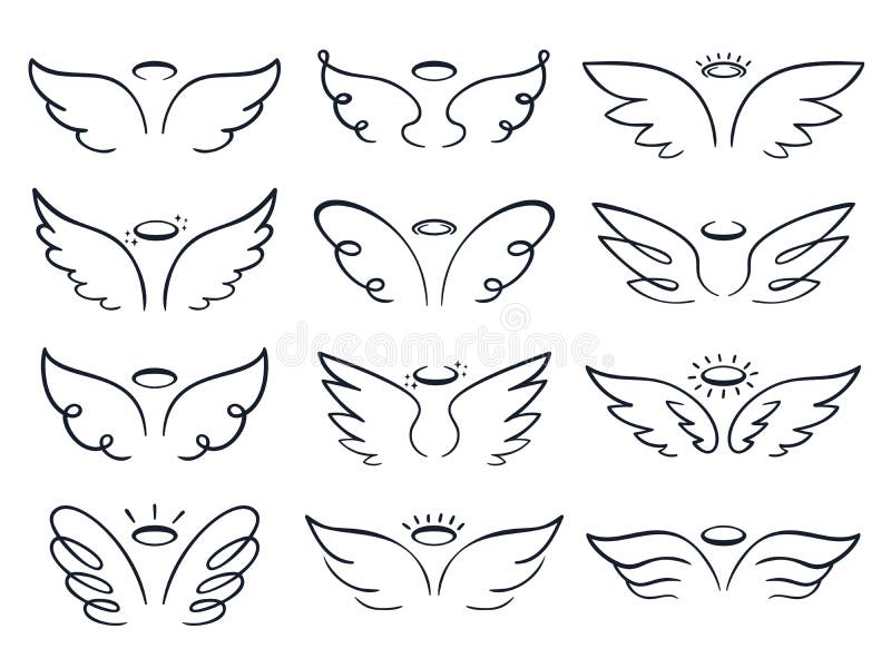 Cartoon Sketch Wing. Hand Drawn Angels Wings Spread, Winged Icon Doodle  Vector Illustration Set Stock Vector - Illustration of label, clip:  148709817
