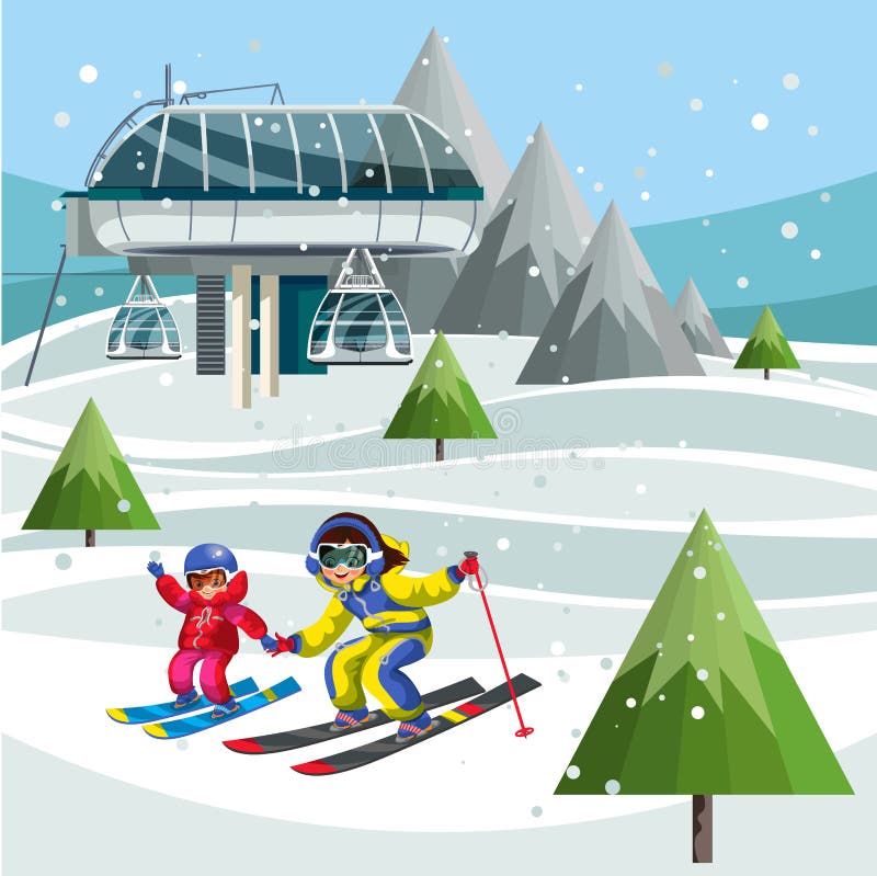 Cartoon Skiers on Ski Lift Station on the Top of the Mountain Stock ...