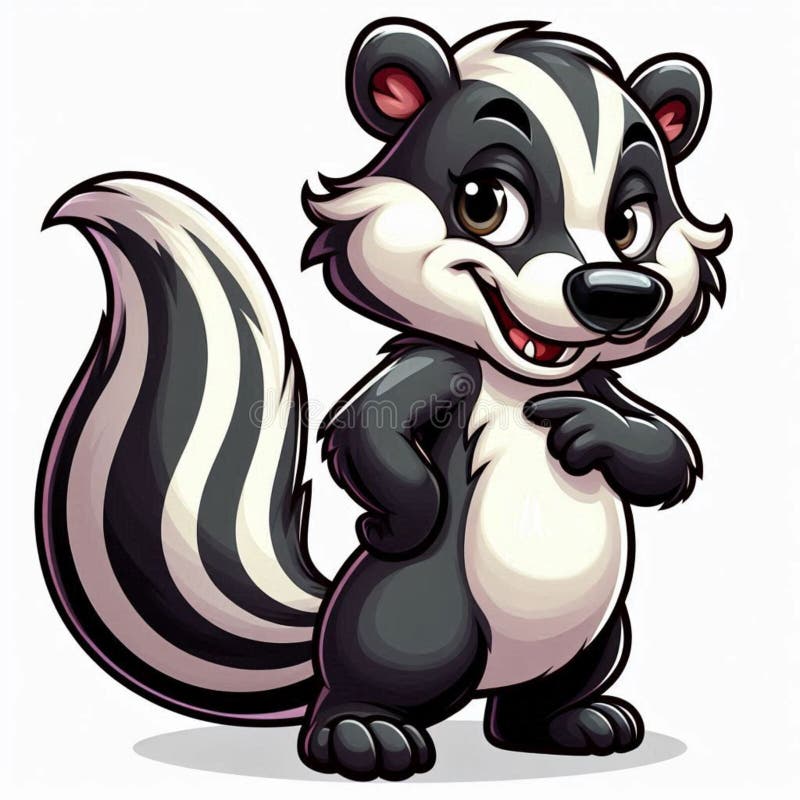 Cartoon skunk character featuring a playful expression and upright stance. It has the distinctive black and white striped pattern typical of skunks, with an exaggeratedly fluffy tail. The character has large, expressive eyes, a smiling mouth showing its teeth, and small ears with pink inner details. The overall design emphasizes cuteness and friendliness, with a rounded body and limbs. The skunk stands on two legs, with one hand on its hip and the other gesturing towards its chest. Smiling skunk illustrations