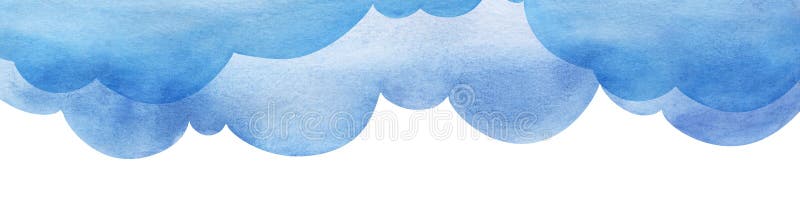 Cartoon sky of blue cumulus clouds. Illustration. Collage of watercolor gradient fill. Abstract sky. Border page template. Hand drawn isolated on white