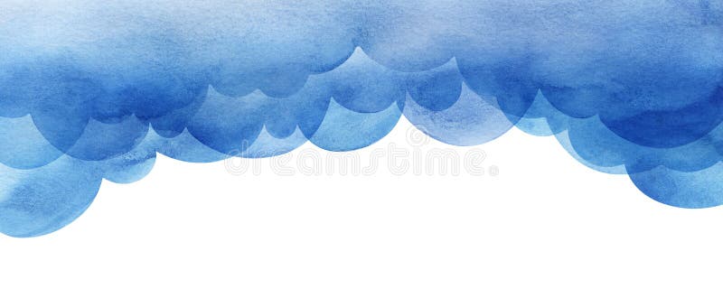 Cartoon sky of blue cumulus clouds. Illustration. Collage of watercolor gradient fill. Abstract sky. Border page template. Hand drawn isolated on white background