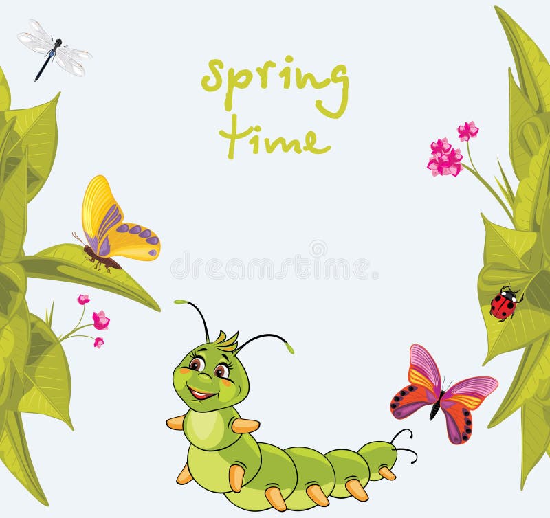 Cartoon Smiling Caterpillar among Butterflies Stock Vector