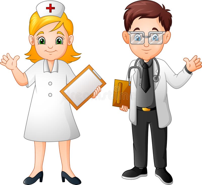 Cartoon smiling Doctor and Nurse stock illustration