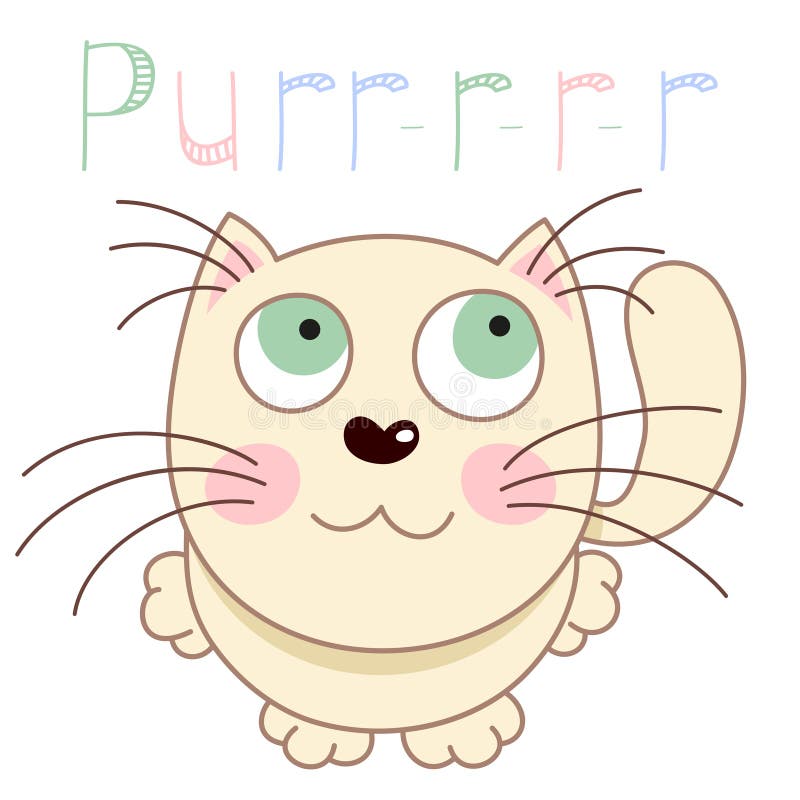 Cartoon smiling gentle beige kitty, vector illustration of caressing lonely kitten