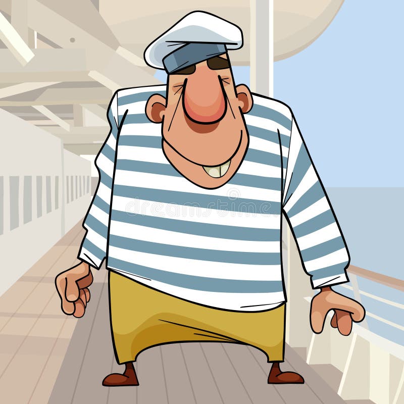 Cartoon smiling man big sailor in striped vest on deck of ship