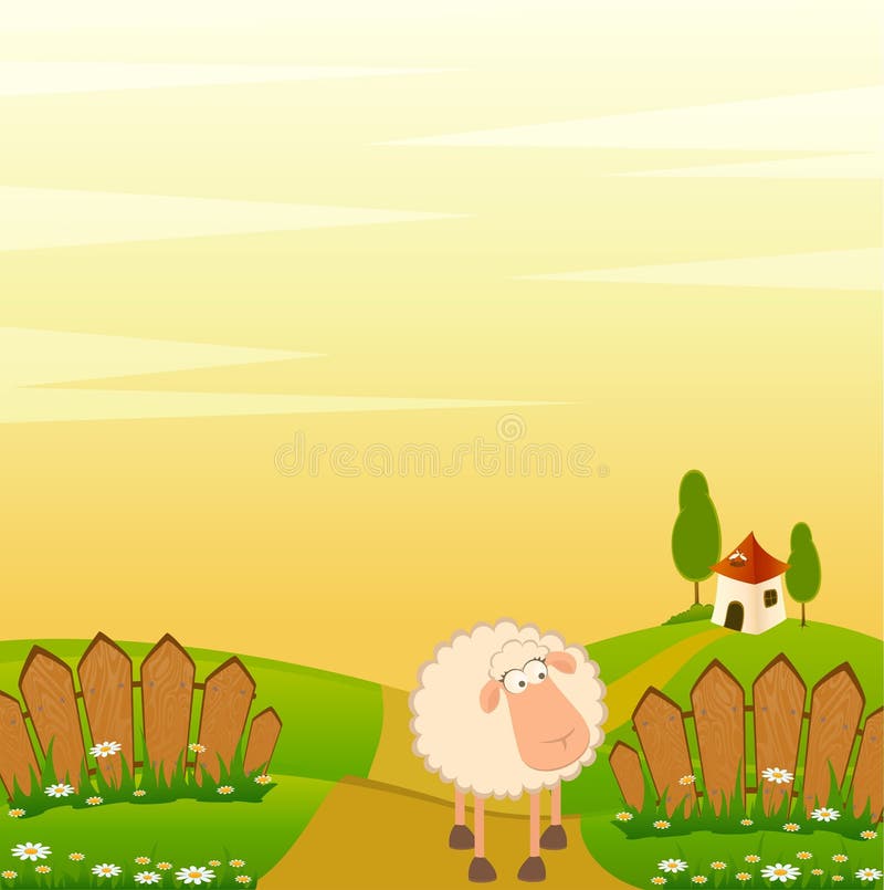 Landscape background with cartoon smiling sheep. Sweet lamb cartoon vectors
