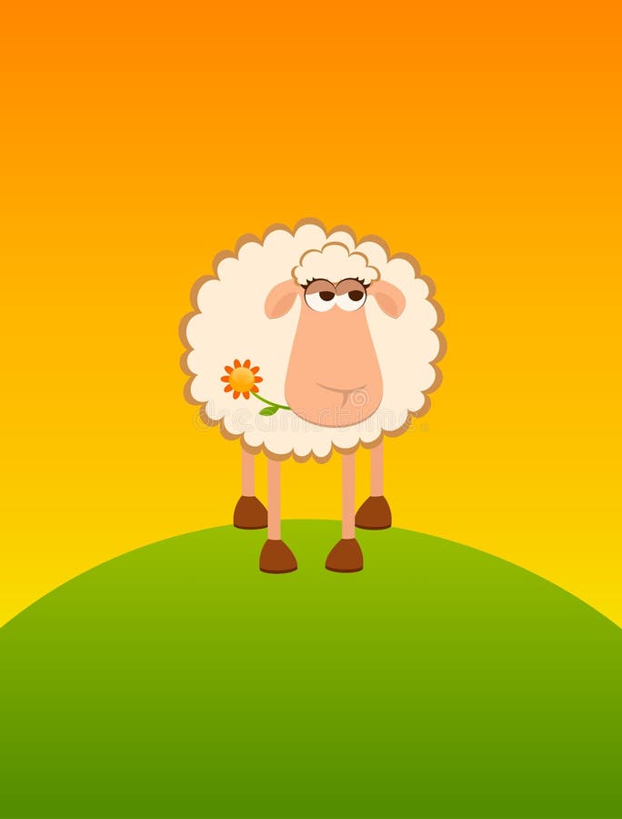 Landscape background with cartoon smiling sheep. Sweet lamb cartoon vectors