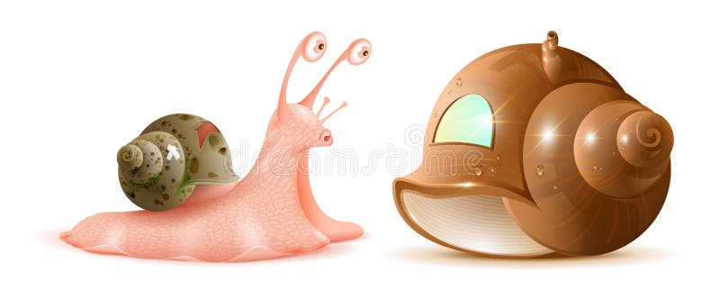 Cartoon snail looks at new shell of house. Buying property