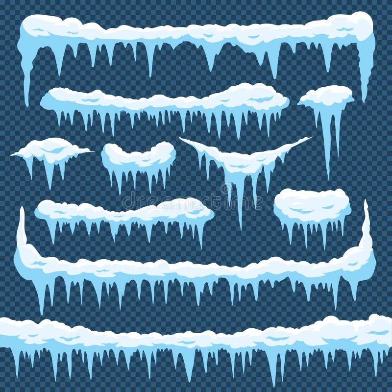 Cartoon snow icicles. Icicle ice with snowcap on top. Winter snowing borders for christmas cards design. Frost frames