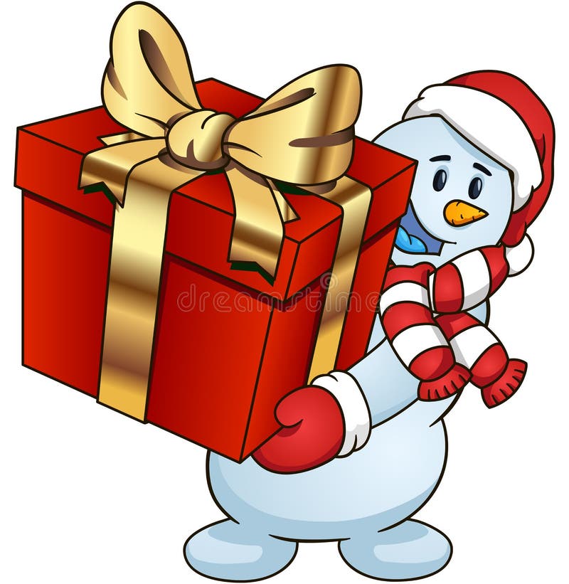 Cartoon snowman holding a gift Vector clip art illustration simple gradients.