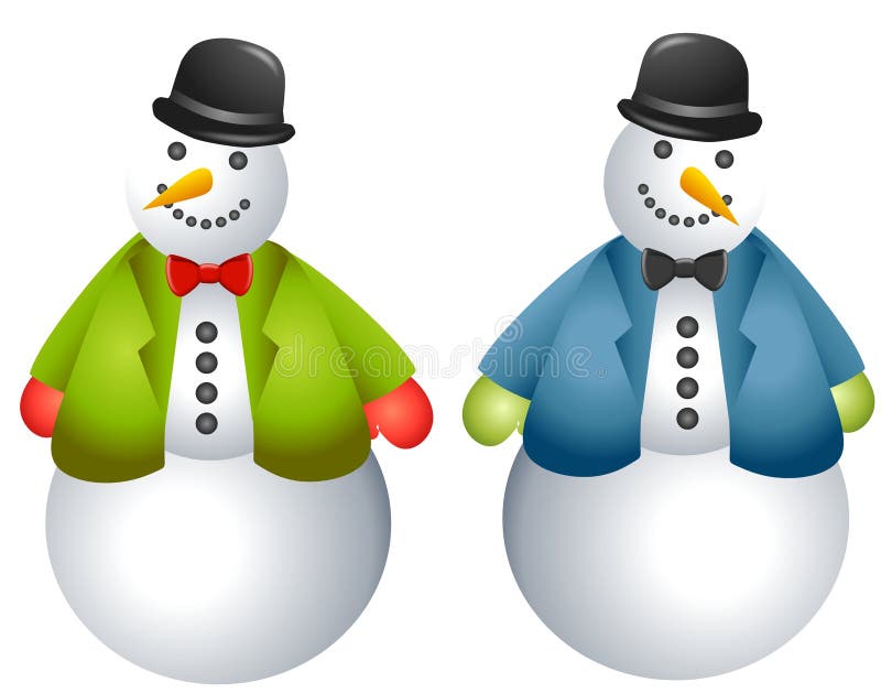 A clip art illustration featuring happy snowmen waving, wearing mittens, hat and scarf. A clip art illustration featuring happy snowmen waving, wearing mittens, hat and scarf