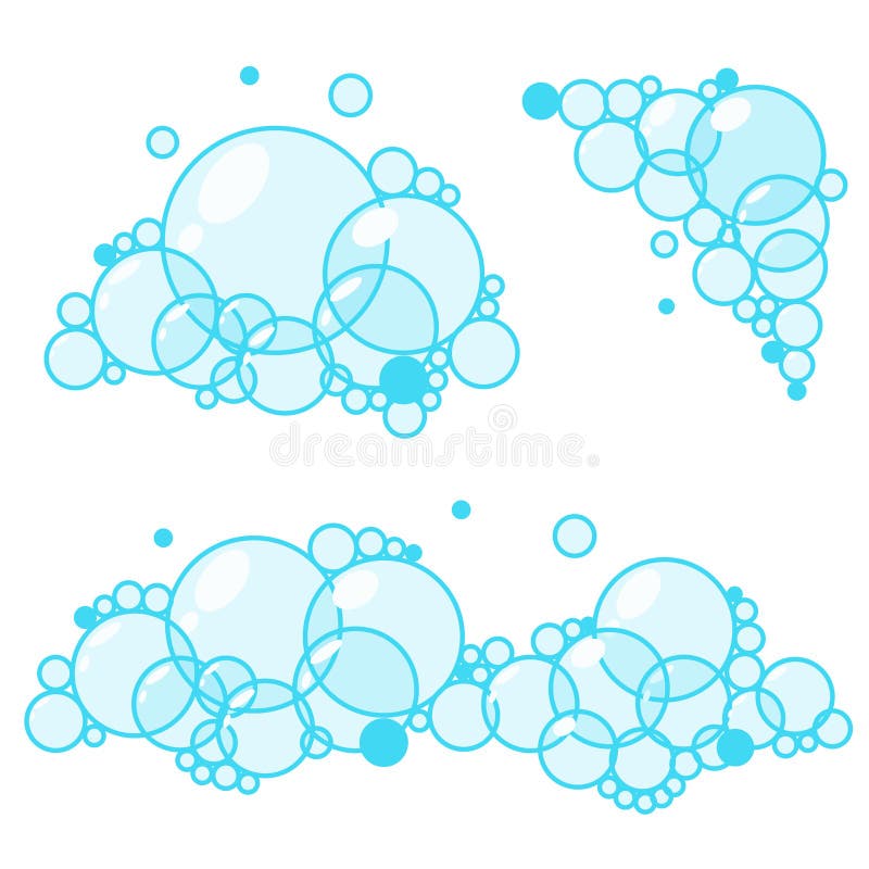 Cartoon Soap Foam Set with Bubbles. Light Blue Suds of Bath, Shampoo ...