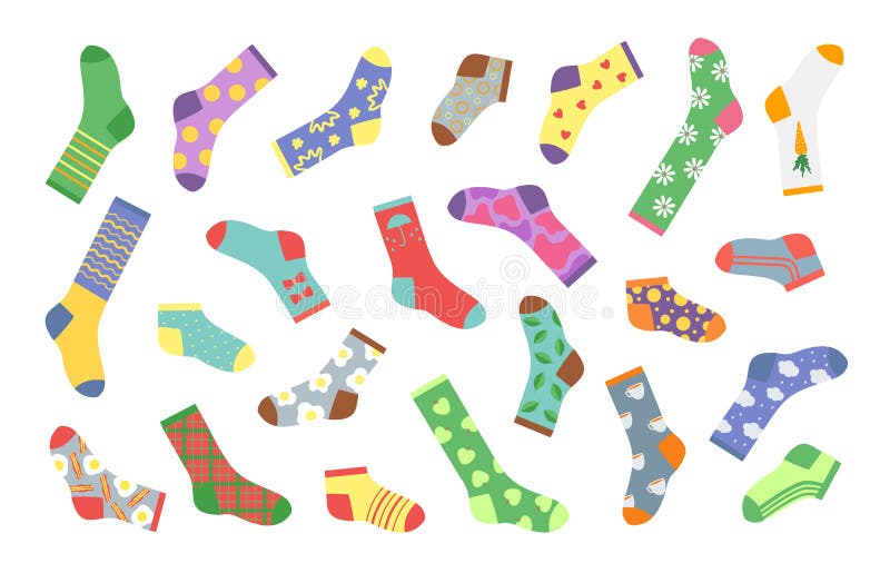 Cartoon Socks. Bundle Of Socks With Textures And Patterns, Winter