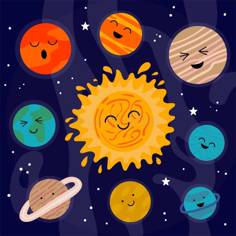 Set of cartoon space objects. Solar system. Vector illustration. Stock  Vector