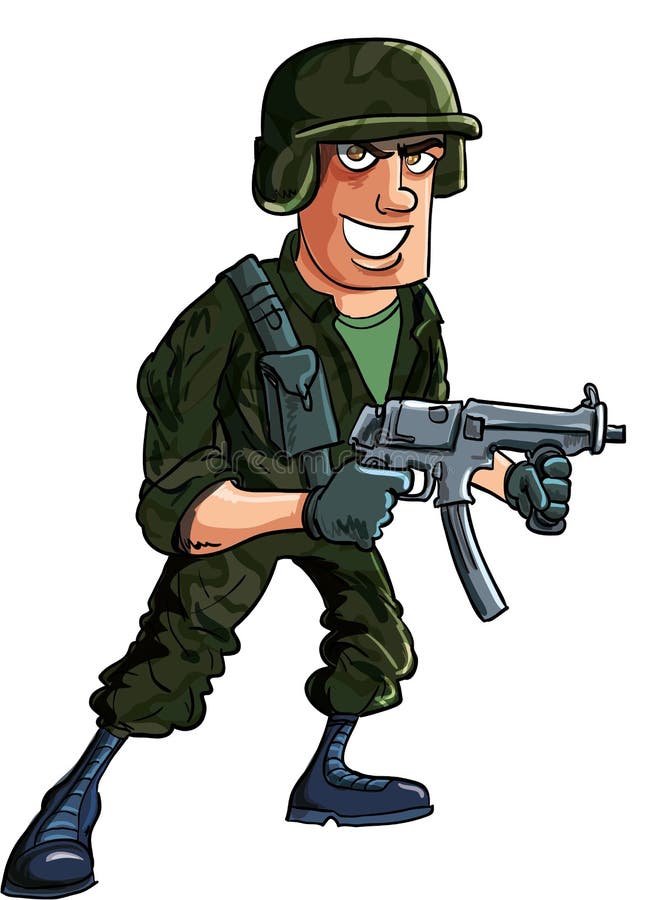 Cartoon Soldier with Sub Machine Gun Stock Illustration - Illustration