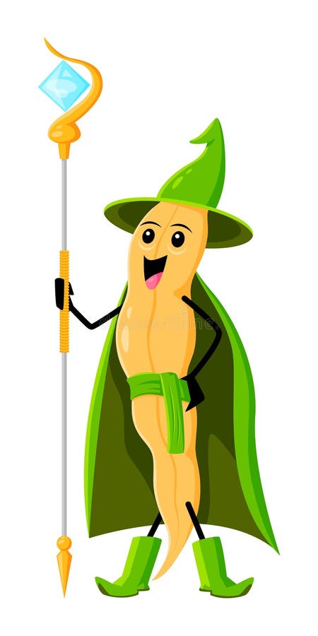 Cartoon soy bean pod mage character. Isolated vector funny Halloween legume veg, blithe wizard with magic staff ready to cast sorcery spell. Comic Hallowmas joyous vegetable personage in green cape. Cartoon soy bean pod mage character. Isolated vector funny Halloween legume veg, blithe wizard with magic staff ready to cast sorcery spell. Comic Hallowmas joyous vegetable personage in green cape