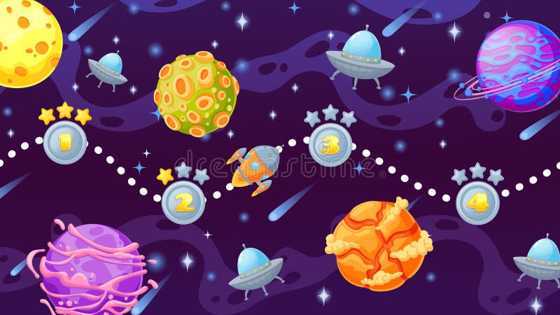 Cartoon space game level map with planets and rocket. Cosmic ui screen for computer arcade with spaceship, stars galaxy vector illustration