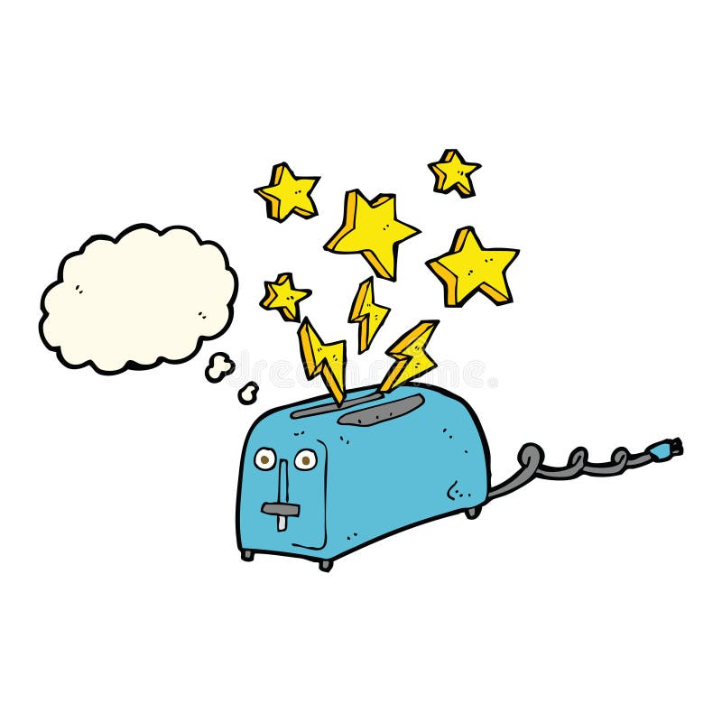 cartoon sparking toaster with thought bubble