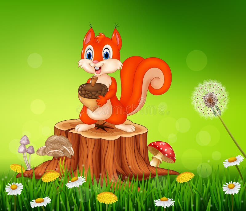 Cartoon squirrel holding pine cone on tree stump in summer season background