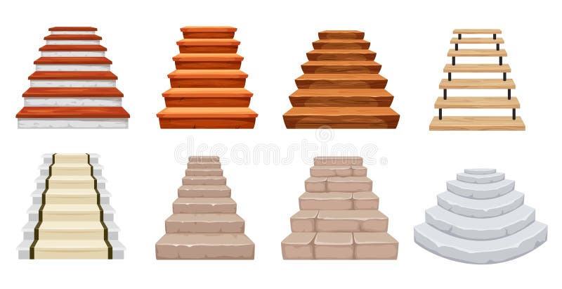 Cartoon stairs. Wooden and stone castle staircase, steps up and antique architecture stairway isolated vector