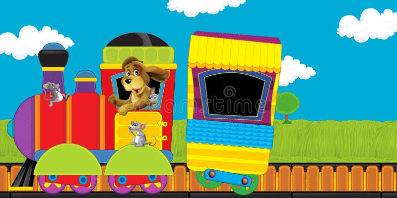 Cartoon Steam Train on Tracks on the Meadow - Illustration for Children  Kids Stock Illustration - Illustration of banner, background: 164584335