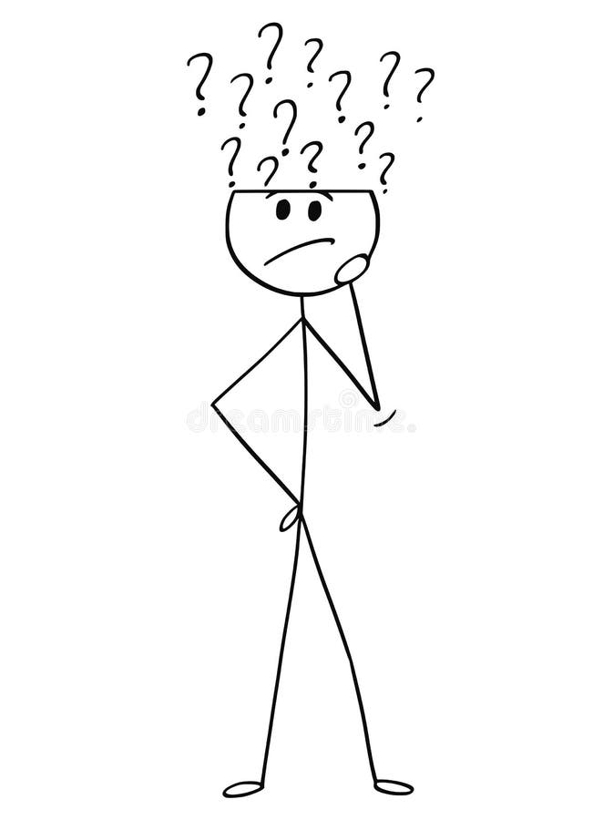 Stick figure in thinking posture. Stick man thinking about a solution to a  question. Vector illustration isolated on white Stock Vector