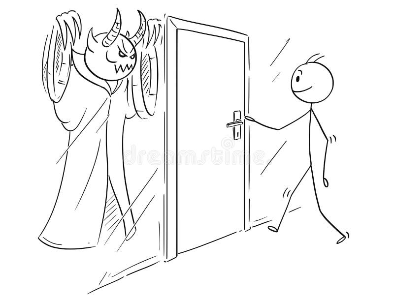 Cartoon of Man Who is Ready to Open Door, But There is Evil or Demon Hidden Behind