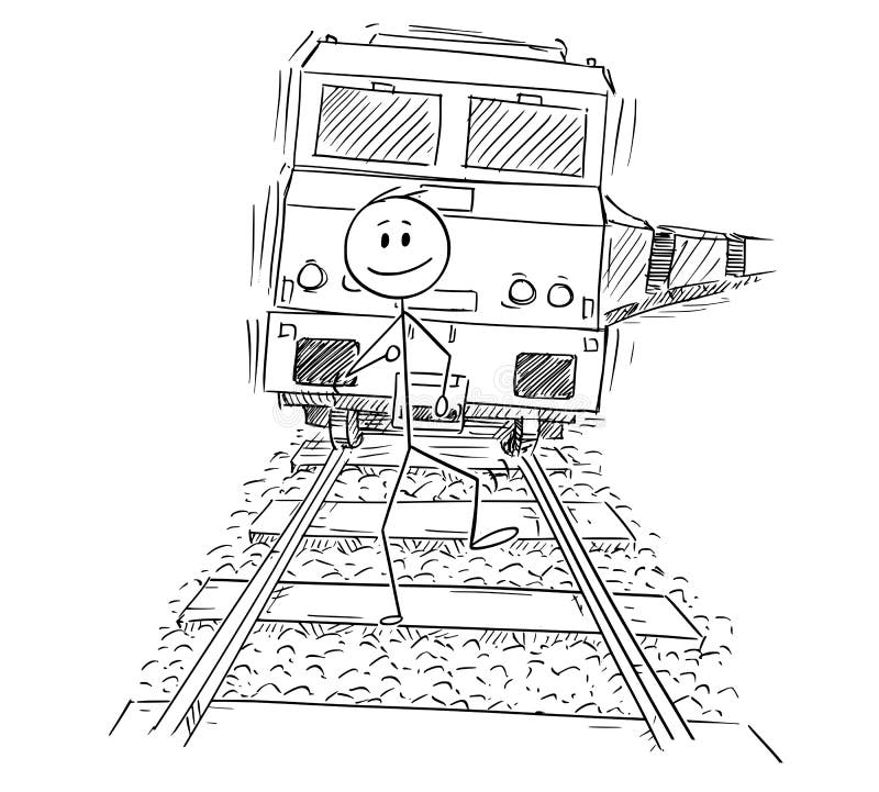 Cartoon stick drawing conceptual illustration of unworried man walking happy on railway tracks and ignoring the train approaching behind him. Cartoon stick drawing conceptual illustration of unworried man walking happy on railway tracks and ignoring the train approaching behind him.