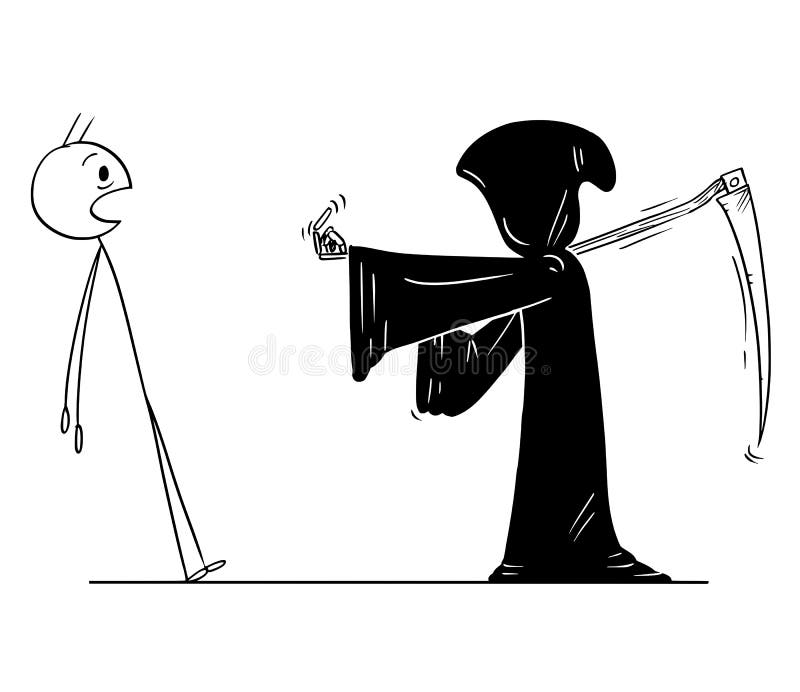 Cartoon of Man Ordered by Grim Reaper with Scythe to Follow Him. Metaphor of Death.