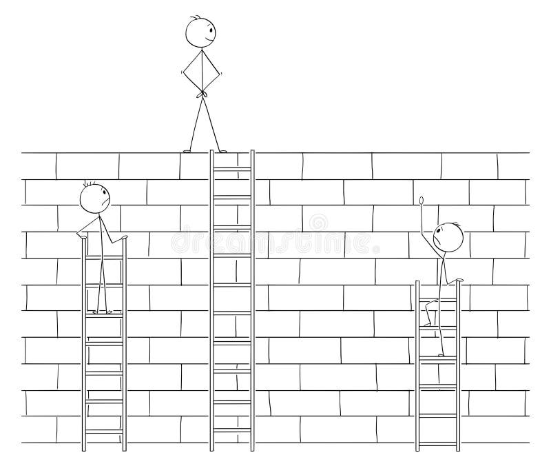 Cartoon of Businessman Beating Competitors by Overcoming High Wall Obstacle With Ladder