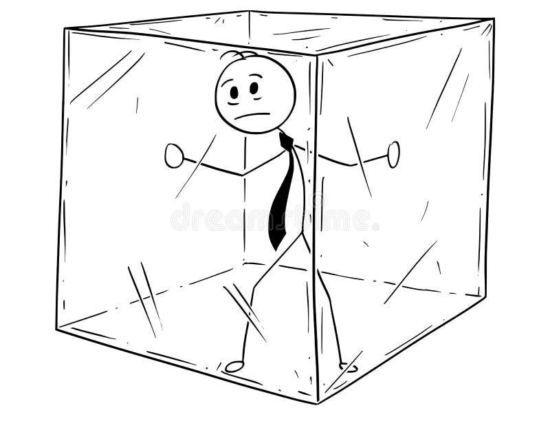 Conceptual Cartoon of Businessman Imprisoned Inside the Glass Bubble Cube