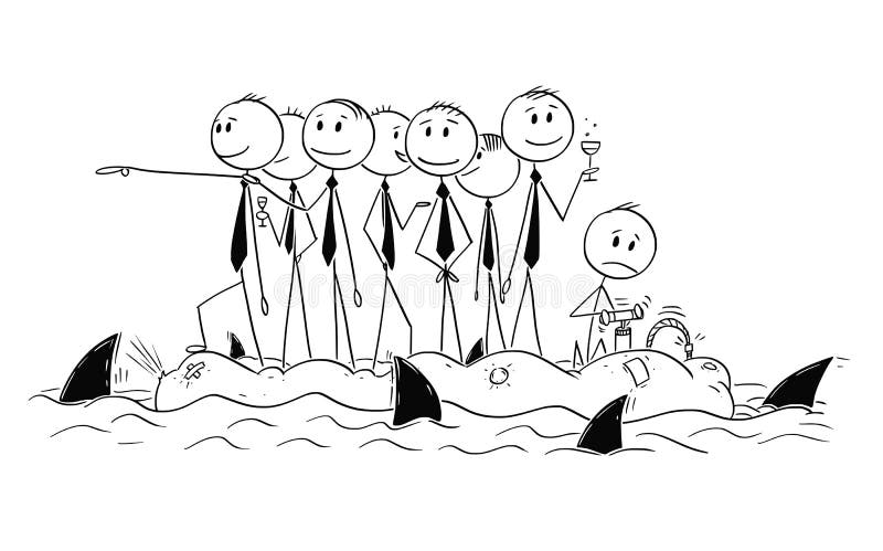 Cartoon stick man drawing conceptual illustration of group of unworried reckless businessman or politicians on old unstable inflatable rubber boat. Sharks circle around. Cartoon stick man drawing conceptual illustration of group of unworried reckless businessman or politicians on old unstable inflatable rubber boat. Sharks circle around.