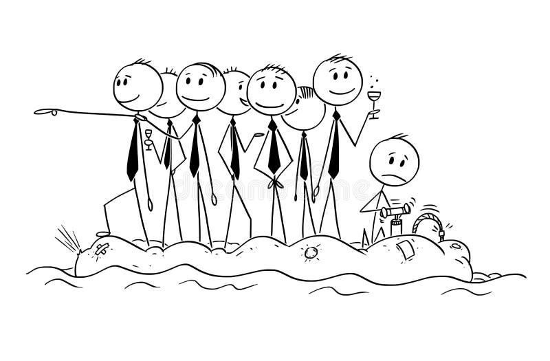 Cartoon stick man drawing conceptual illustration of group of unworried reckless businessman or politicians on old unstable inflatable rubber boat. Cartoon stick man drawing conceptual illustration of group of unworried reckless businessman or politicians on old unstable inflatable rubber boat.