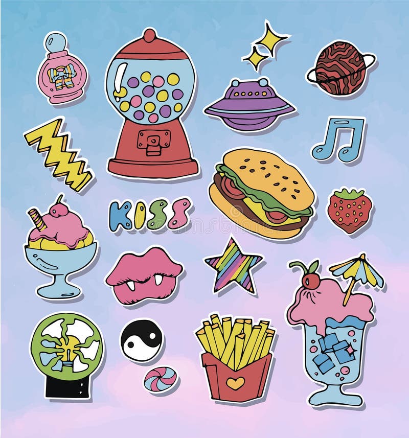 Cartoon Stickers or Patches Set with 90s Style Design Elements. Stock Vector Illustration of