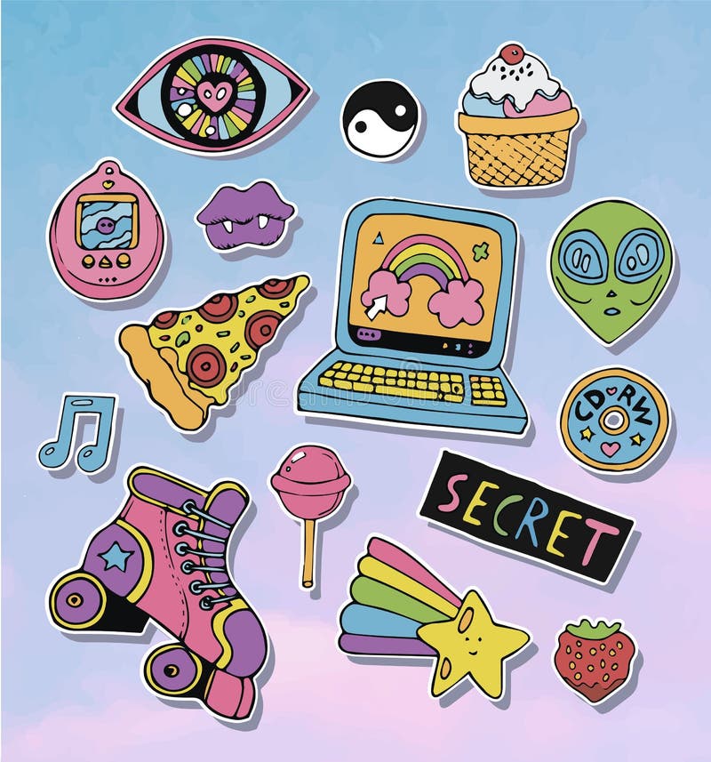 Cartoon Stickers or Patches Set with 90s Style Design Elements. Stock