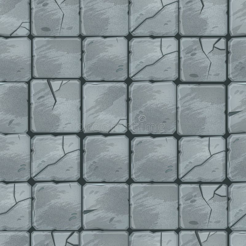 Cartoon stone pavement seamless pattern, brick wall texture, cracked rock paver, gray street tiles top view.