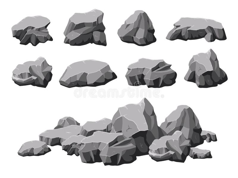 Cartoon stones. Broken rock, stone pile 3d design. Isolated rocks, boulder or gray mountain. Rubble gravel group, nature