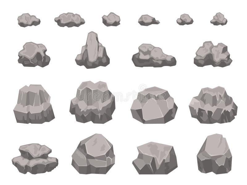 Cartoon stones, rocks, boulders, rubble and gravel pieces. Natural granite construction material. Rock debris, landscape