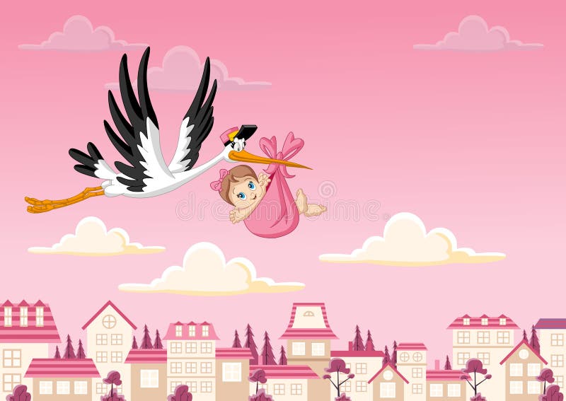 Cartoon stork delivering a baby girl royalty free illustration Cartoon stork delivering a baby girl royalty free illustration