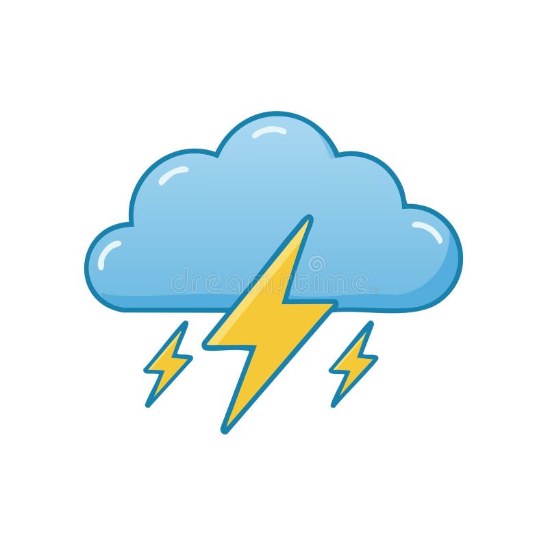 Cartoon storm cloud with yellow lightning bolts striking down vector illustration