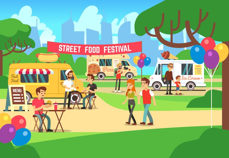 Cartoon street food festival with people and trucks vector background