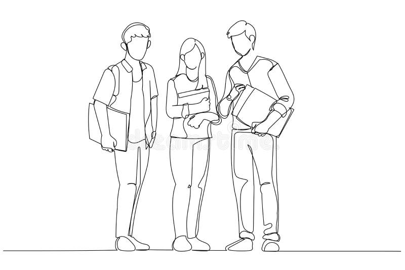 Cartoon of students friends standing together. One line art style.