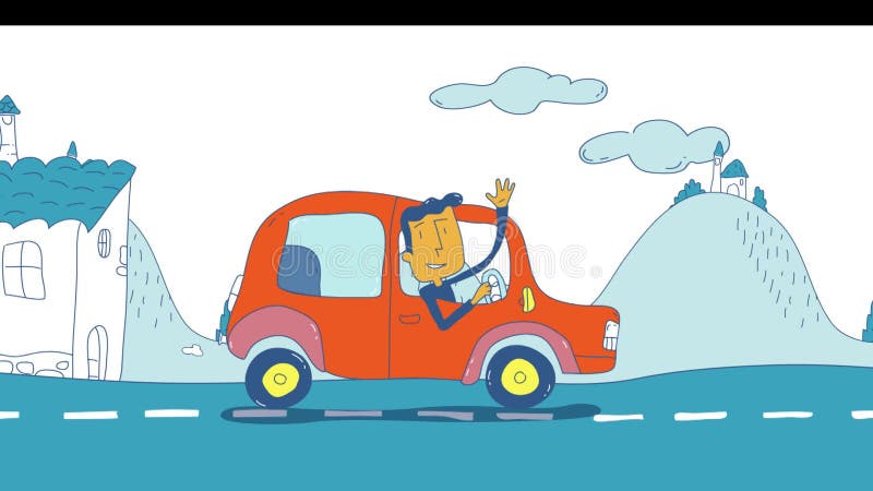 Cartoon style car goes by wonderful countryside road, cute loop animation stock illustration