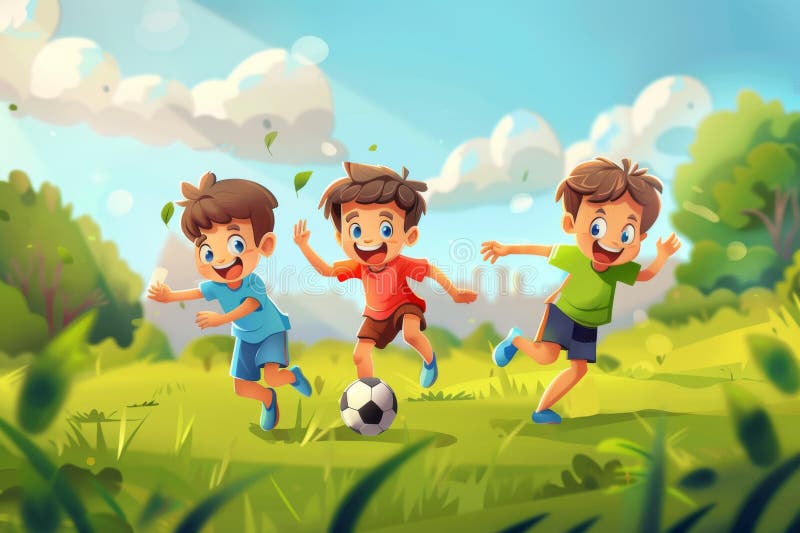 Bambini che giocano a calcio in stile cartoon