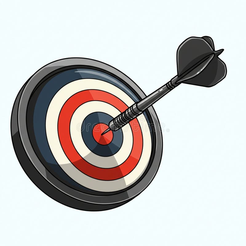 A cartoon-style dartboard features concentric circles in black, white, and red. A dart with royalty free illustration