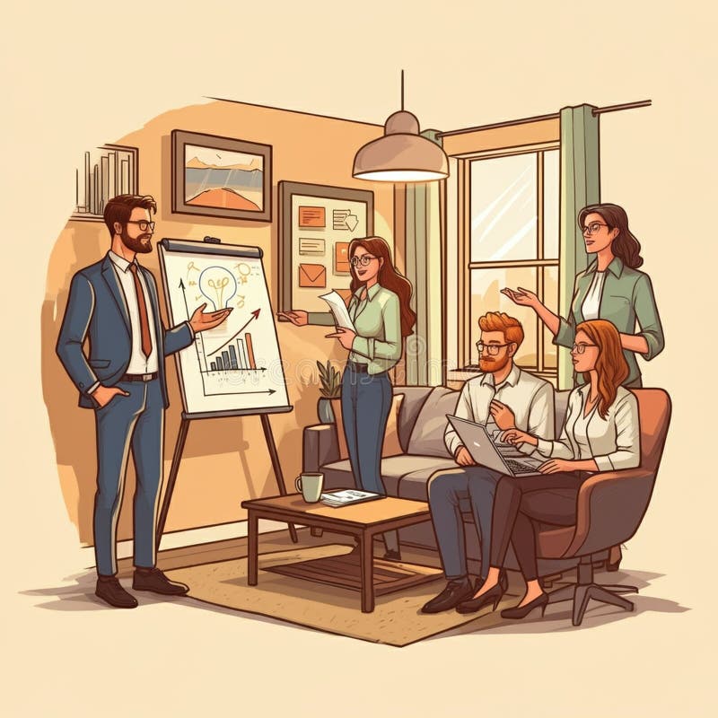 A cartoon-style illustration of a casual office meeting. A man in a blue suit presents a vector illustration
