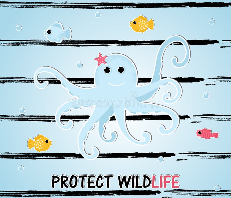 Cartoon style octopus with fishes vector illustration Cartoon style octopus with fishes vector illustration